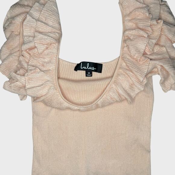 Lulus Medium Blush Pink Ruffled Ribbed Tank Top Scoop Neck Romantic Cottagecore - Picture 3 of 6
